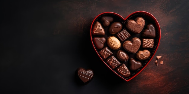 Hartvormige doos chocolade op een donkere achtergrond met kopieerruimte Valentijnsdag en Liefde concept