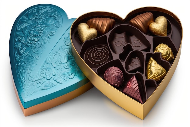 Hartvormige doos met diverse truffels in verschillende smaken en kleuren gemaakt met generatieve AI