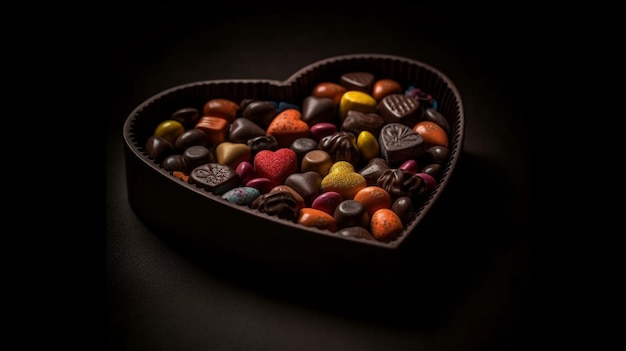 Hartvormige doos met smakelijke chocoladesuikergoed op zwarte achtergrond