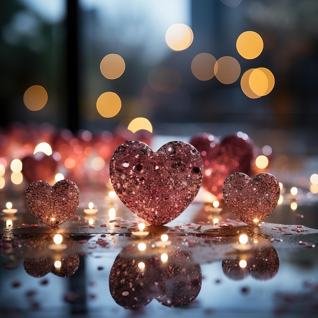 hartvormige kaarsen op een tafel met lichtjes eromheen