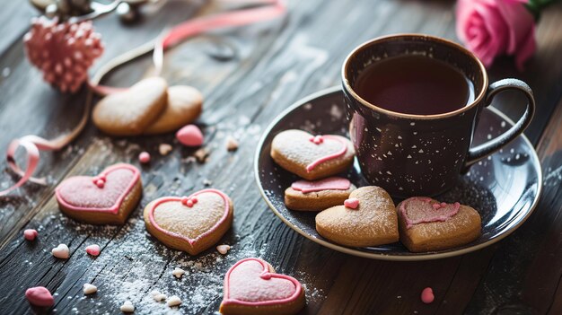 Foto hartvormige koekjes en thee voor valentijnsdag