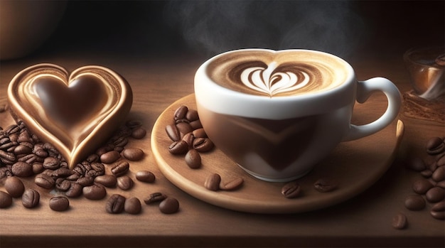 Hartvormige koffiebonen en kopje latte op houten tafel