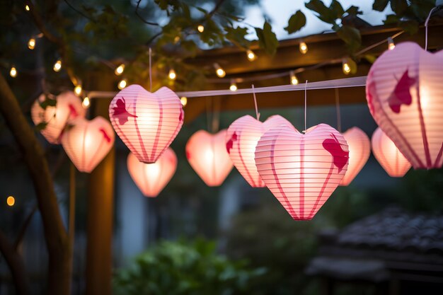 hartvormige papieren lantaarns die in een tuin hangen