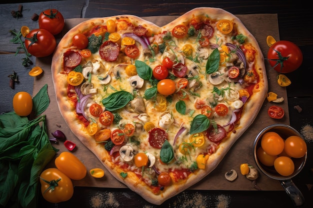 Hartvormige pizza met verschillende soorten kaas en beleg in het midden