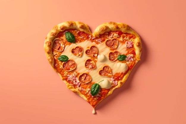 Hartvormige pizza op roze achtergrond Generatieve AI