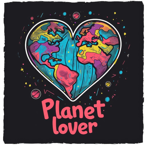 Foto hartvormige planeet met planet lover tekst in levendige kleuren op een zwarte achtergrond