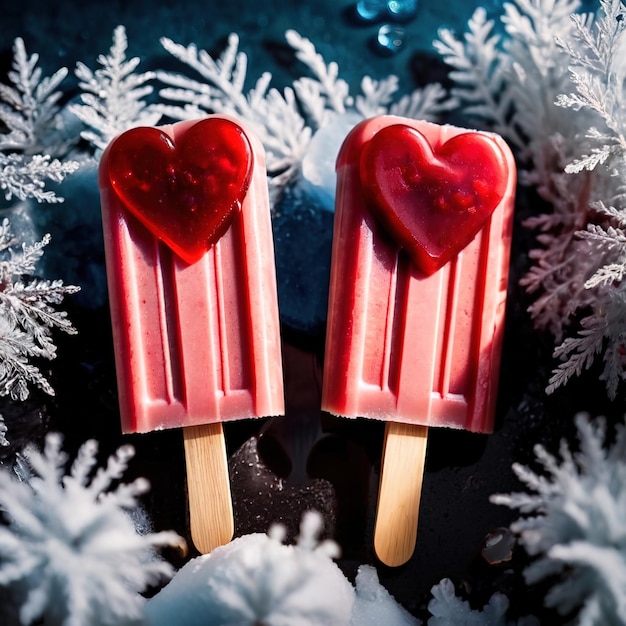 Hartvormige popsicles ijs lollies een zoete bevroren traktatie om romantiek liefde en Valentijnsdag te vieren