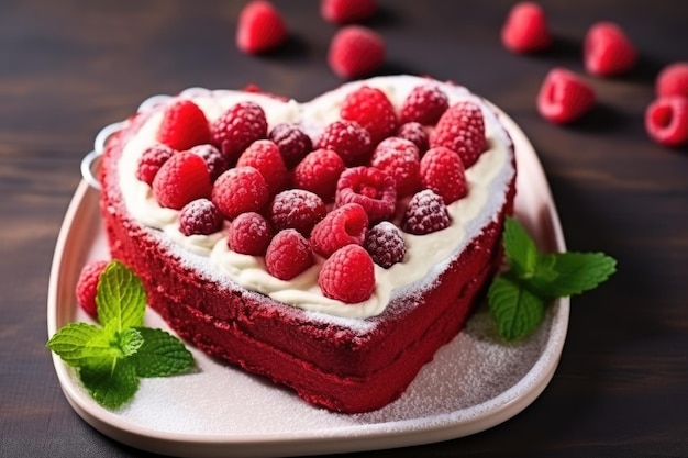 Hartvormige rode fluweel cake versierd met bessen voor Valentijnsdag op donkere achtergrond Tasty hom