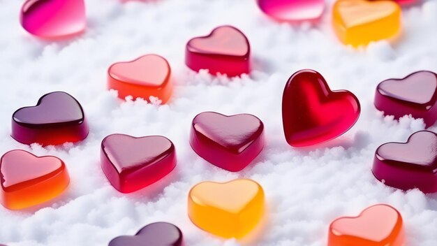 hartvormige snoepjes rode gummy liefde harten op witte winter sneeuw vloer top paar liefde valentin