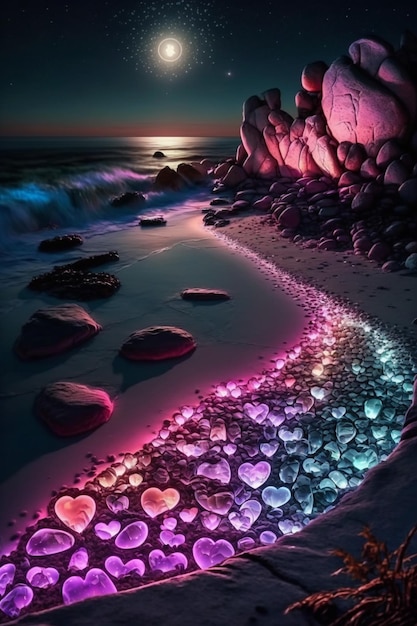 Hartvormige stenen op een strand met een maanverlichte hemel op de achtergrond.