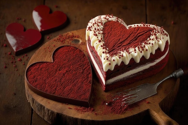 Hartvormige stukjes heerlijke red velvet cake op een houten bord gemaakt met generatieve ai