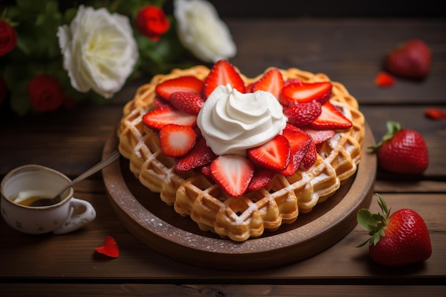 Hartvormige wafel met aardbeien en slagroom van Generative Ai
