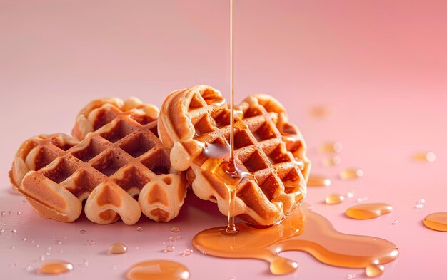 Hartvormige waffels met siroop op een pastelkleurige achtergrond professionele voedselfoto ai gegenereerd