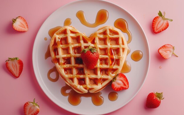 Hartvormige waffels met siroop op een pastelkleurige achtergrond professionele voedselfoto ai gegenereerd