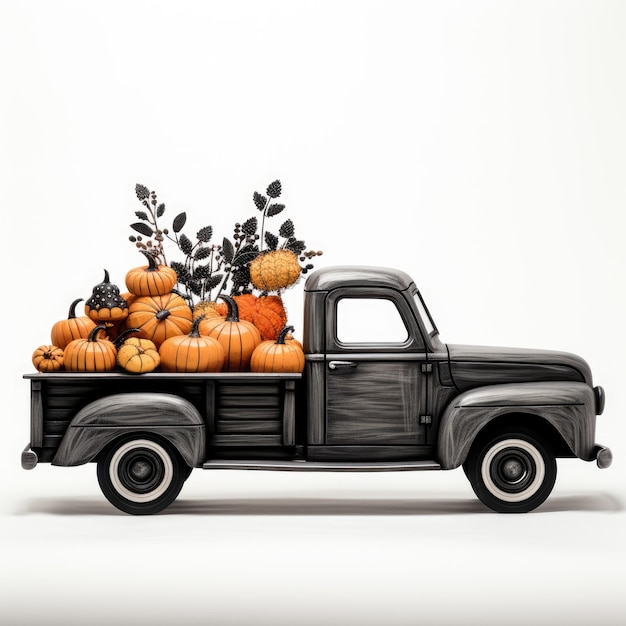 Harvest Ambitions A Charming Pumpkin Truck Packed with Bountiful Pumpkins on a Serene Monochrome Ca