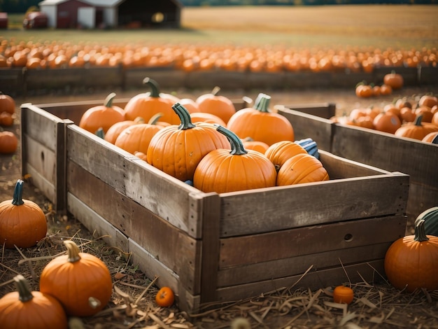 Harvest Bounty Pumpkins in a Wooden Box at the Pumpkin Patch