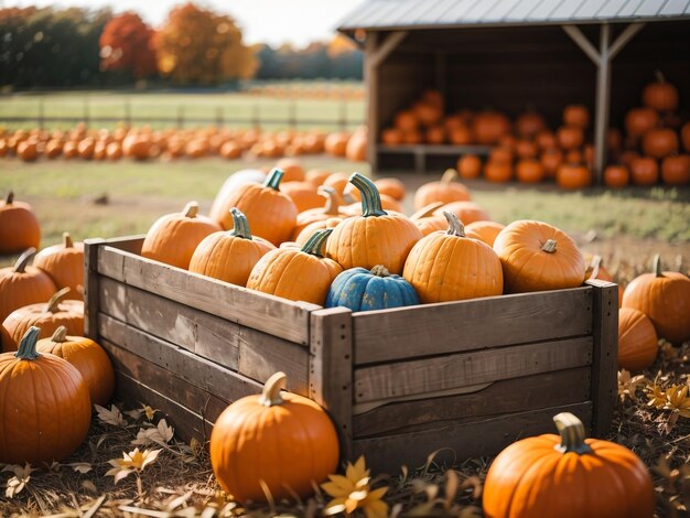 Photo harvest bounty pumpkins in a wooden box at the pumpkin patch