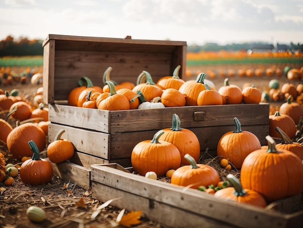 Harvest Bounty Pumpkins in a Wooden Box at the Pumpkin Patch