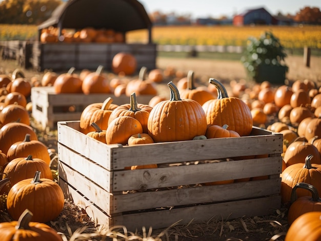 Harvest Bounty Pumpkins in a Wooden Box at the Pumpkin Patch