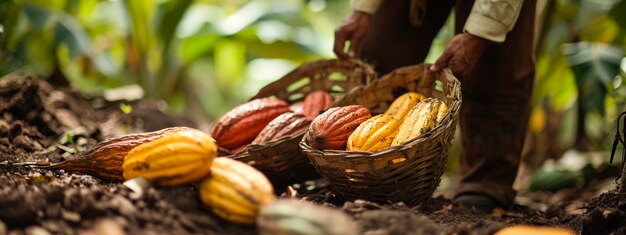 Foto raccolta dei chicchi di cacao nei tropici concentramento selettivo