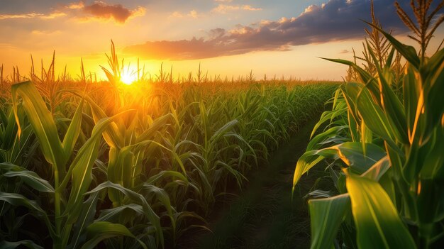 Harvest corn field at sunset