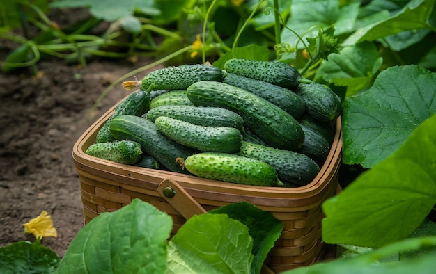 Harvest cucumbers in a basket. Selective focus. Food.