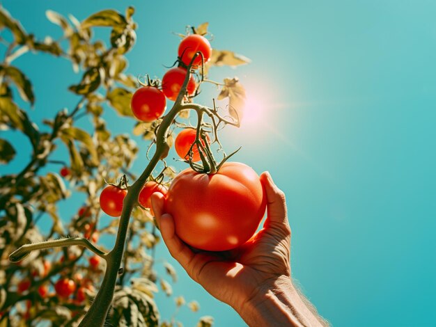 Photo harvest delight hand holding tomato in asymmetric social composition