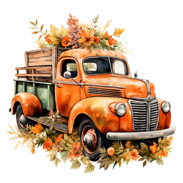 Photo harvest fall farm truck watercolor isolated illustration ai generative