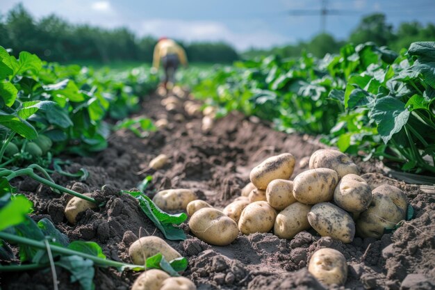 Harvest farming potato at green field earth