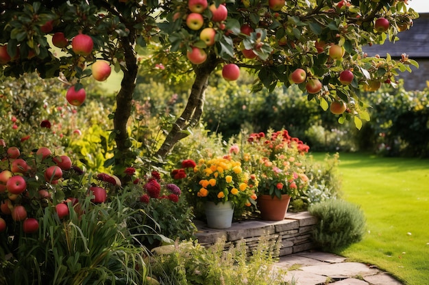 Foto giardino frontale del confine del festival del raccolto nel frutteto di mele con spazio di copia vuoto