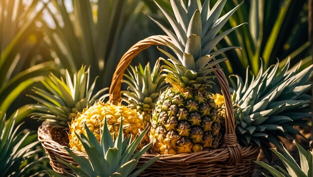 Photo harvest of fresh pineapples growing in the garden