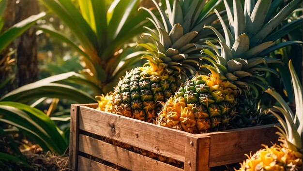 Photo harvest of fresh pineapples growing in the garden