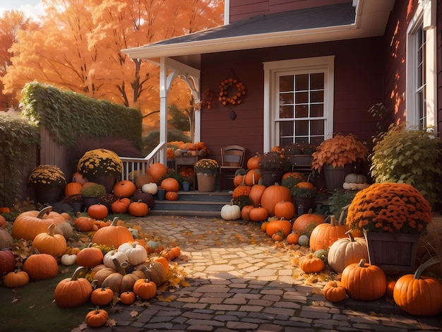 Harvest Haven Autumn Backyard with Pumpkins and Foliage Wallpaper