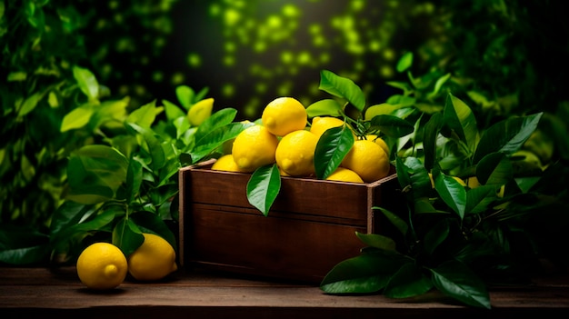 정원에서 상자에 레몬을 수확 선택적 초점