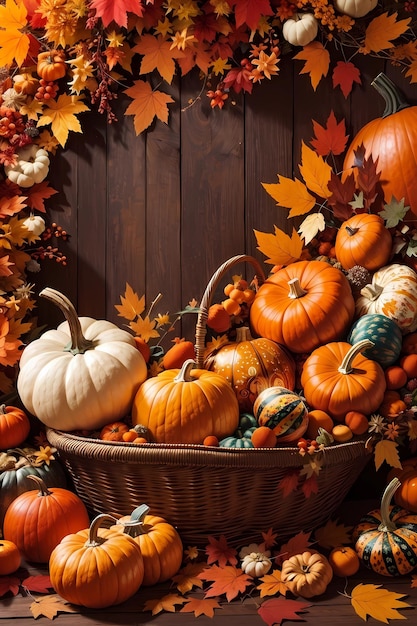 Harvest Medley Autumn Background with Pumpkins and Cornucopia