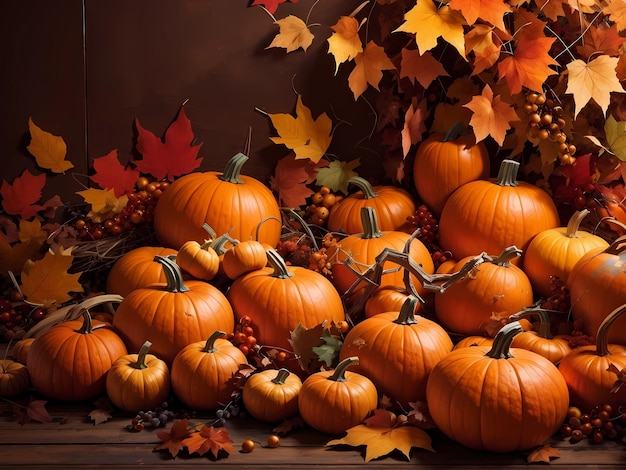 Harvest Medley Autumn Background with Pumpkins and Cornucopia