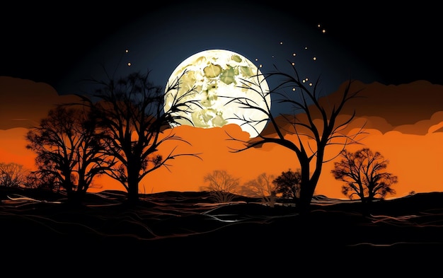 Harvest Moon Night Silhouetted Trees AI