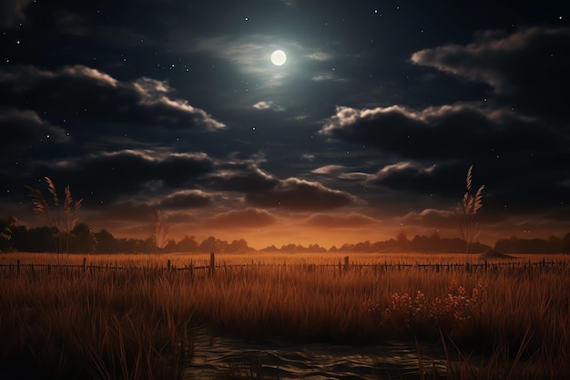 Harvest moon in the night sky watercolor background
