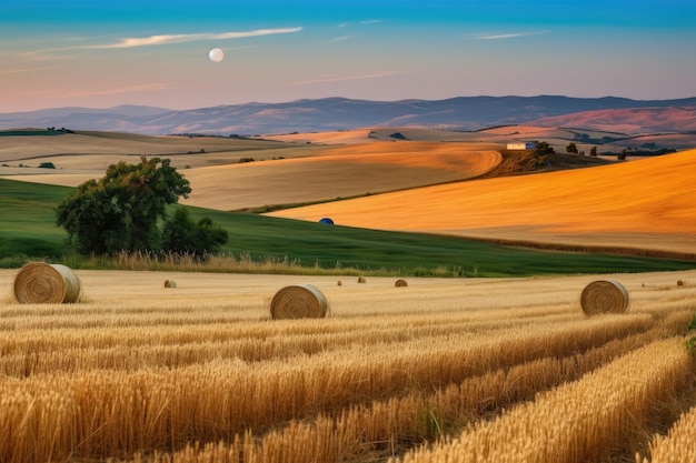 Harvest moon shining over rolling hills and crops created with generative ai