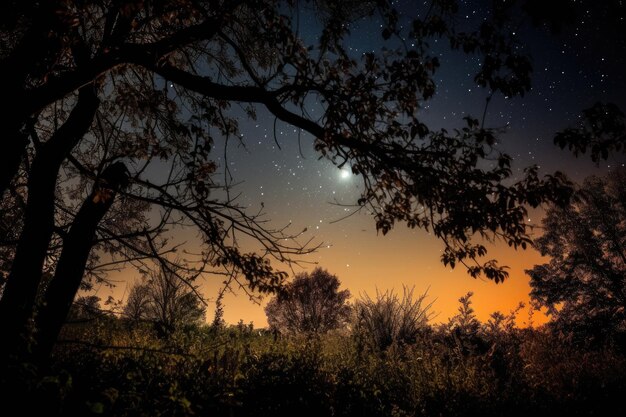 Harvest moon with silhouette of trees against starry sky created with generative ai