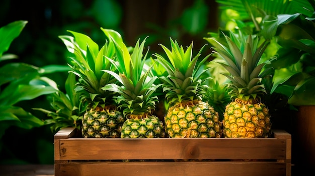 Harvest pineapples in a box in the garden Selective focus