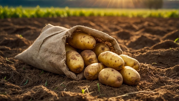 Photo harvest potato bag on the ground