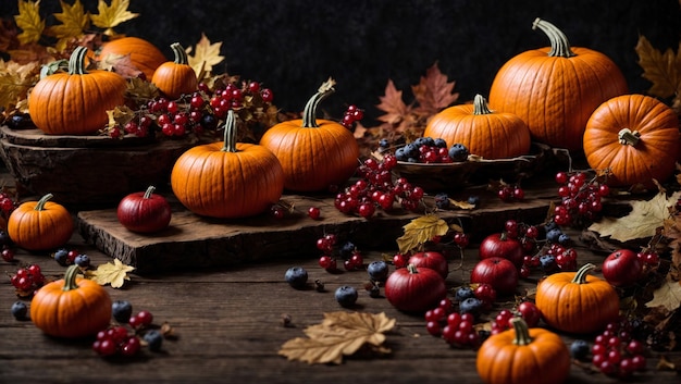 A Harvest of Pumpkins on a Rustic Wooden Table