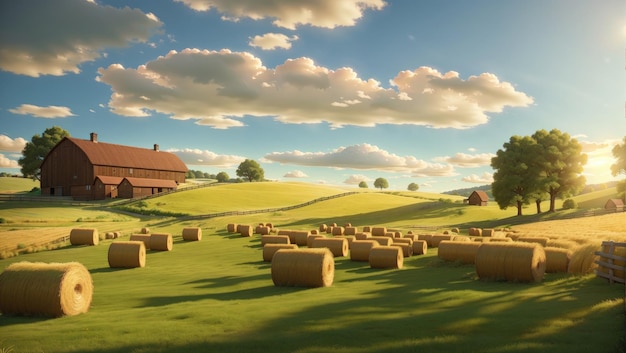 Photo harvest radiance sunlit hay bales in the countryside