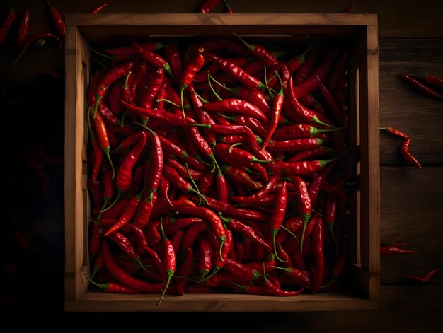 Harvest of Red Chilies in Wooden Baskets