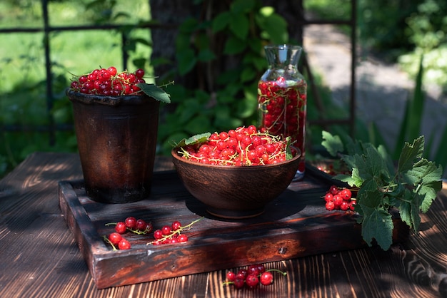 Harvest red currants in bowls on a wooden table in the garden on a sunny day, close up.