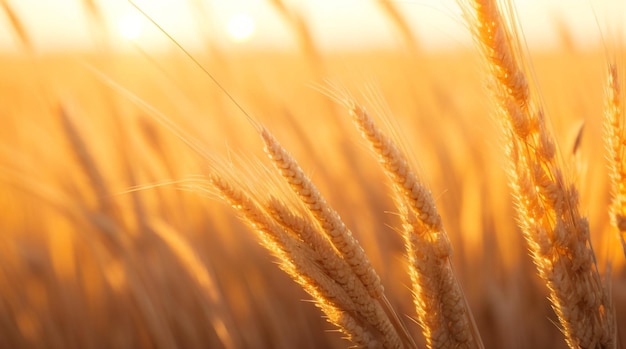 太陽の下で輝く、収穫の黄金色の熟したデュラム小麦の穂