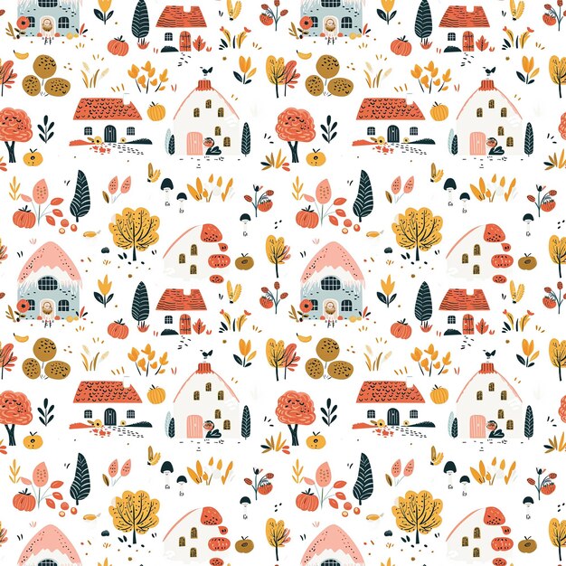 Harvest scenes seamless pattern Gift wrapping background Thanksgiving