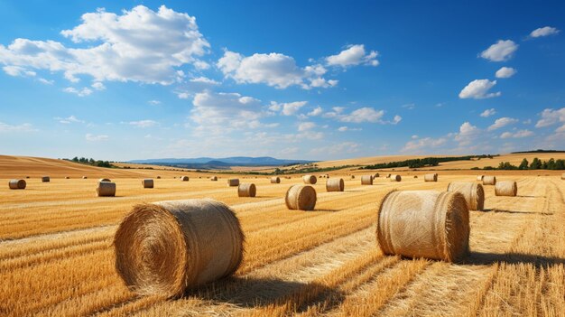 Harvest season beautiful summer sunny landscape with harvested hay in agricultural field