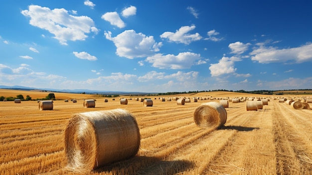 Harvest season beautiful summer sunny landscape with harvested hay in agricultural field